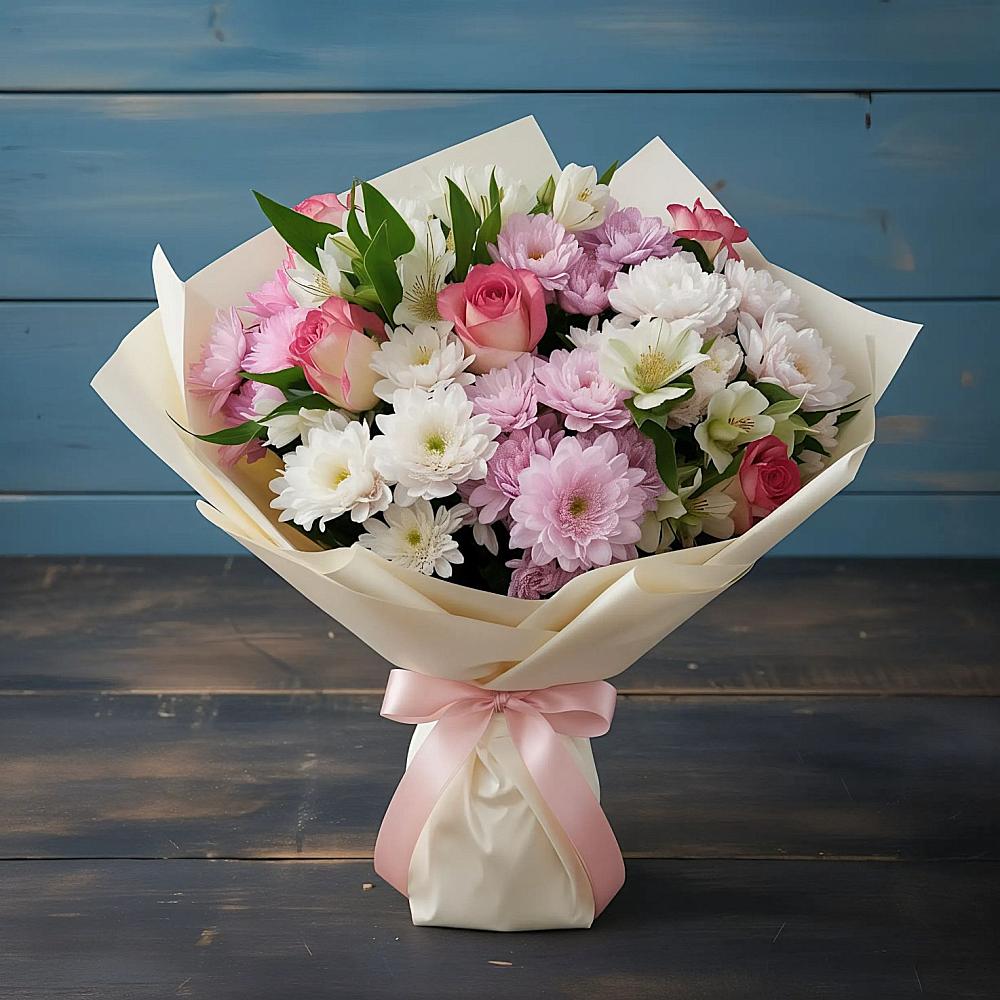 Букет цветов из: Хризантемы, Альстромерии и Розы в Щиграх